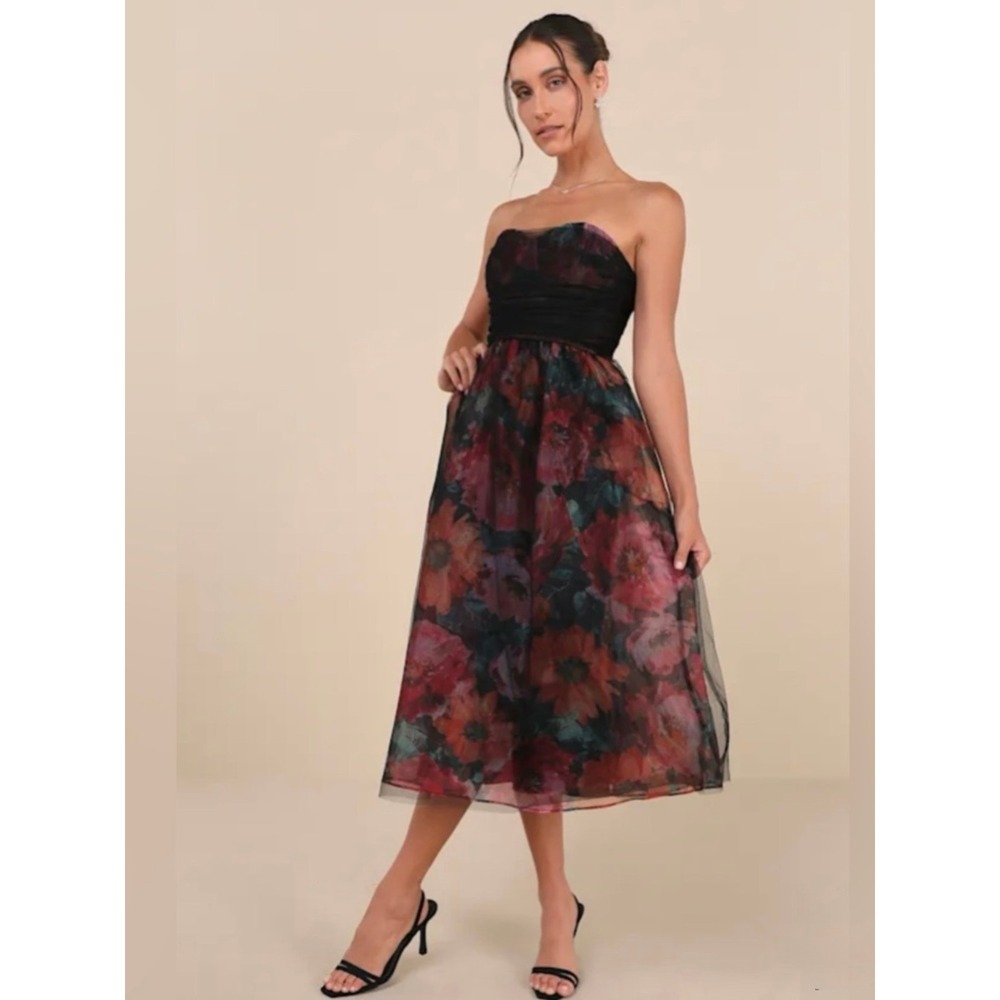 NWT Lulus Splendidly Yours Black Floral Organza Mesh Strapless
Midi Dress L